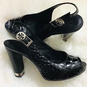 Tory Burch Patent Leather Blk Croc Heel Sandal